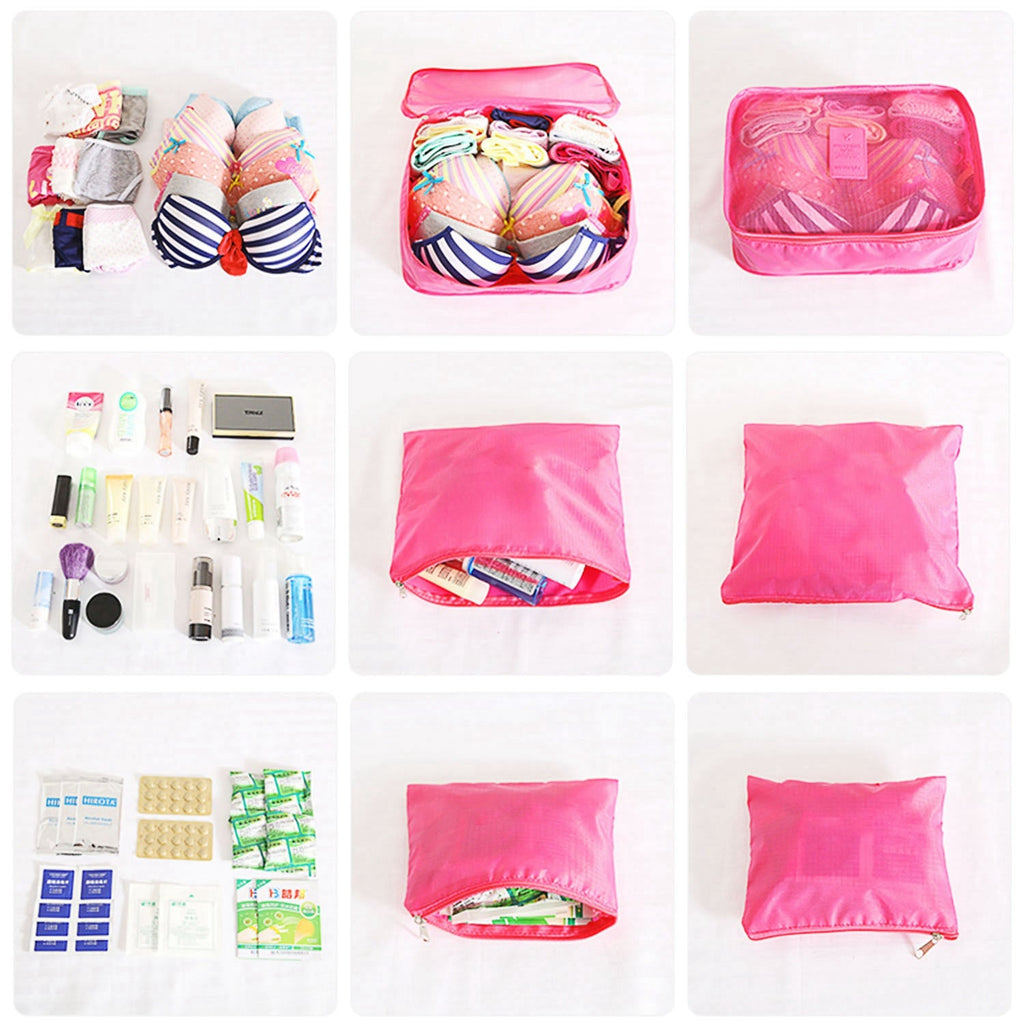 each cube, pouch and bag of one set shown holding clothes, chargers and toiletries