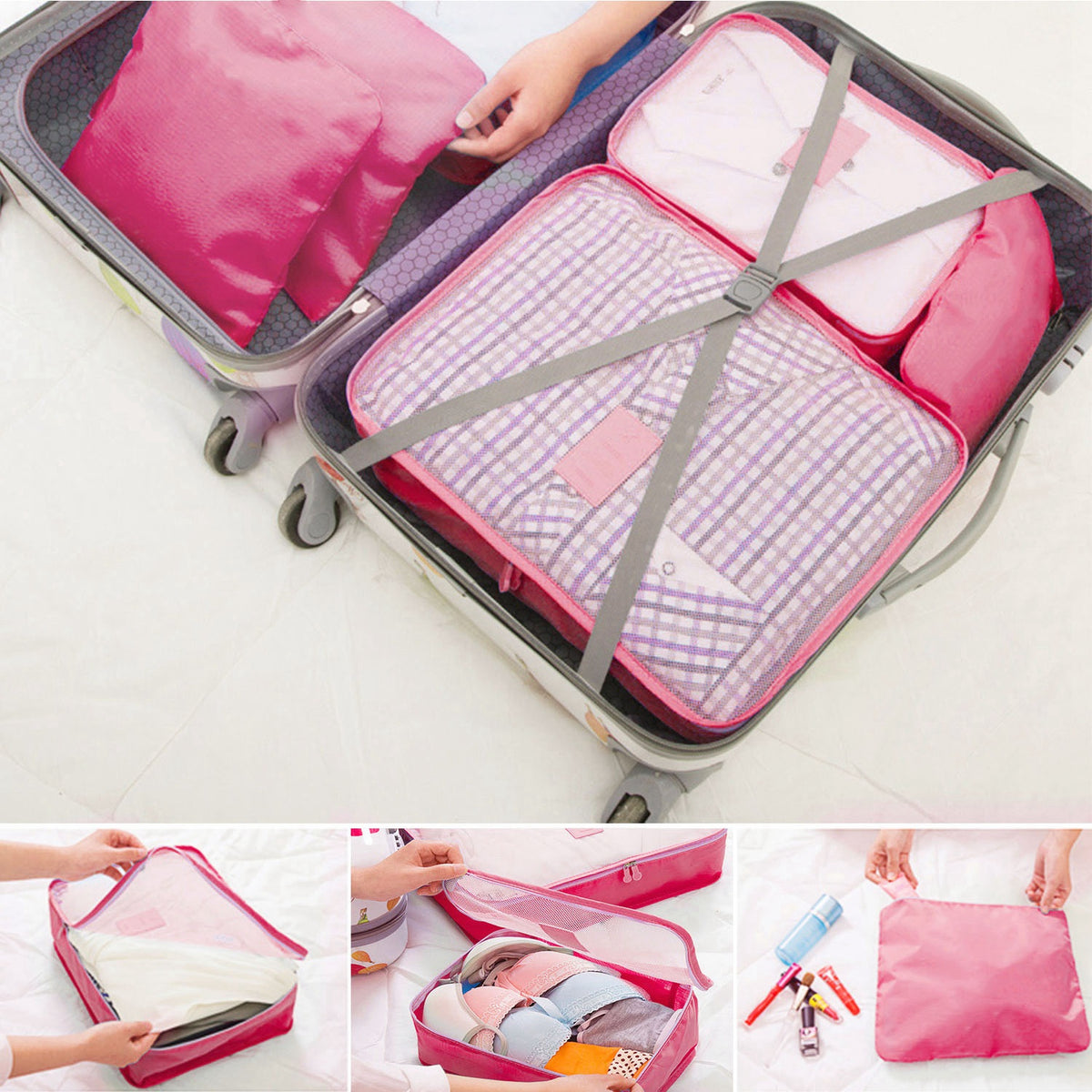 hot pink cubes in a suitcase with a close-up of the mesh top and zipper