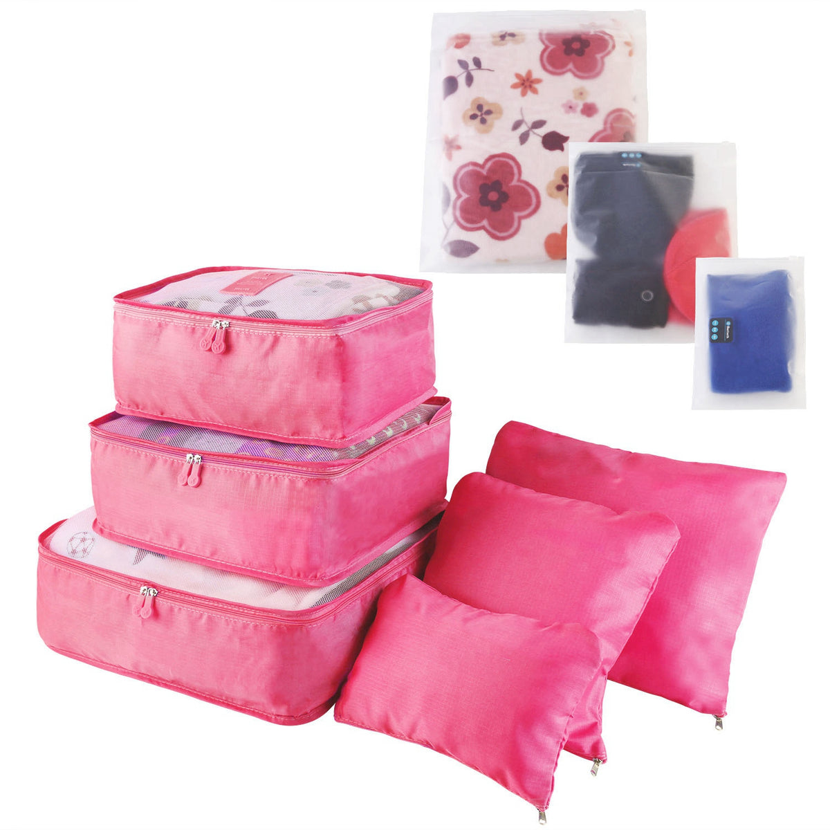 hot pink packing cubes and pouches with three frosted storage bags, nine pieces stacked on white